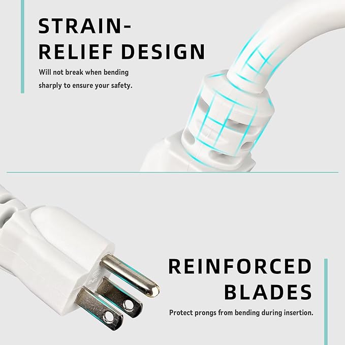 12ft Indoor Outdoor Extension Cord - 12/3 SJTW Heavy Duty Extension Cable with 3 Prong Grounded Plug for Safety -15Amp 1875W White Electric Cord Great for Garden, Appliances