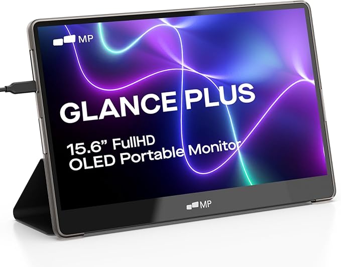 MP Mobile Pixels New Glance Plus 15.6'' OLED Portable Monitor, 1MS 100000:1 Laptop Screen Extender with Dual Speakers, Plug & Play, Windows/macOS/Switch/Android, Included Protective Cover Waterproof