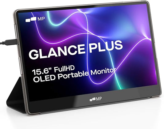 MP Mobile Pixels New Glance Plus 15.6'' OLED Portable Monitor, 1MS 100000:1 Laptop Screen Extender with Dual Speakers, Plug & Play, Windows/macOS/Switch/Android, Included Protective Cover Waterproof