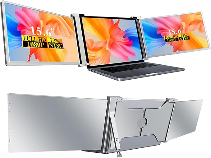 VILVA 15.6" Triple Portable Monitor - FHD 1080P IPS Triple Screen Extender, Foldable Dual Monitor for 15.6"-17.3" Laptops, USB-C HDMI Plug, Supports Laptop/Xbox/Switch