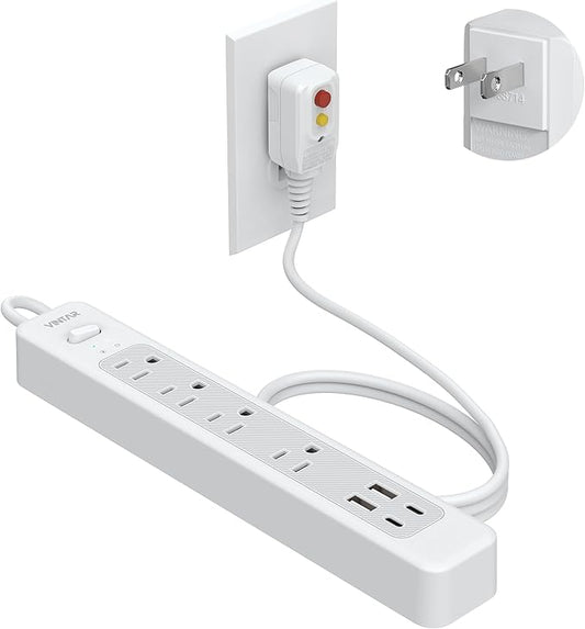 VINTAR 2 Prong GFCI Power Strip, 2 Prong to 3 Prong GFCI Plug Adapter, 6ft Extension Cord with 4 Outlets & 4 USB(2 USB-C), 1440J Surge Protector, Polarized Plug Wall Mount for Non-Grounded Outlet