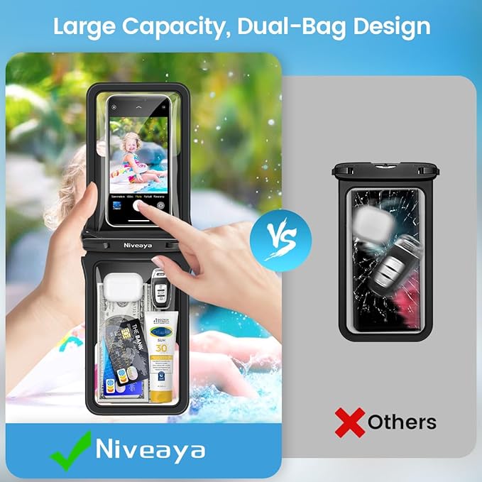 Niveaya Double Space Waterproof Phone Pouch - 2 Pack, Waterproof Phone Lanyard Case with iPhone 16/15/14/13/12 Pro Max up to 8.3", Phone Dry Bags for Vacation Beach Pool Kayak Cruise Travel Essentials