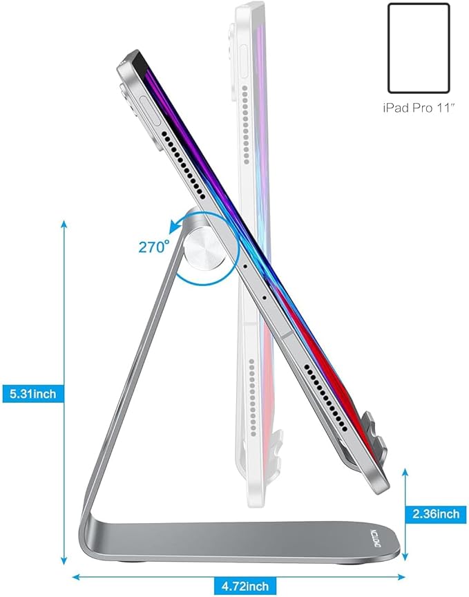 OMOTON Tablet Stand Holder Angle Adjustable, T1 Desktop Aluminum Tablet Dock Cradle Compatible with iPad Air/Mini/Pro 11/12.9, iPad 10.2, Samsung Tab and More UP to 12.9'', Grey
