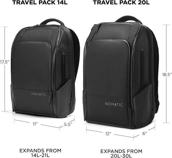 NOMATIC Travel Pack - 20L Water Resistant Laptop Bag - TSA-Ready Expandable Black Backpack