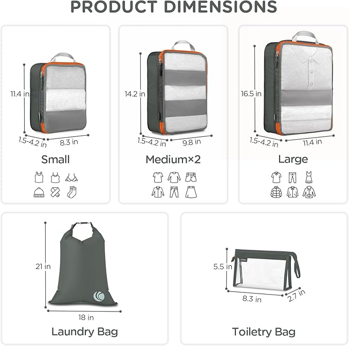 Cipway Compression Packing Cubes, See Through Mesh Luggage Organizer Bags, Travel Essentials for Carry on Suitcase with Laundry Bag and Clear Toiletries Bag（6Pcs,Grey）