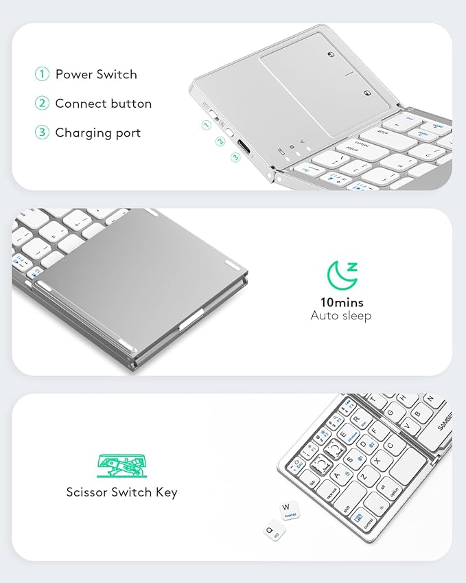 Samsers Multi-Device Foldable Bluetooth Keyboard with Touchpad, Rechargeable Dual-Mode(2.4G+BTx2) Wireless Keyboard with Holder, Portable Folding Keyboards for Android Windows iOS Mac OS - Silver