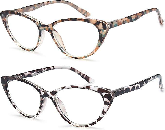 EYEURL Cat Eye Reading Glasses for Women -2 Pack of Blue Light Blocking Readers Spring Hinge Computer Eyeglass with Tortoise/Champagne Pattern Design Readers for women +3.50