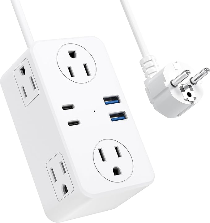 European Travel Plug Adapter, Type E F Plug Adapter, 6 AC Outlets, 4 USB Ports (2 USB C), 3ft Wrapped Around Extension Cord, for Germany France Travel