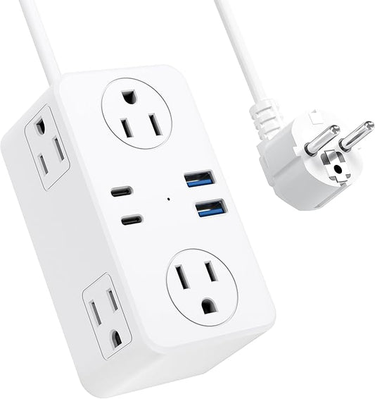European Travel Plug Adapter, Type E F Plug Adapter, 6 AC Outlets, 4 USB Ports (2 USB C), 3ft Wrapped Around Extension Cord, for Germany France Travel