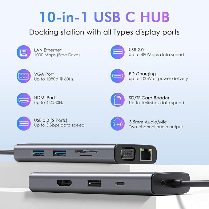 10-in-1 USB C Hub with 4K HDMI Adapter, SD/TF Card Reader, 100W PD Charging, 2 USB 3.0 Ports, and 2 usb2.0 Ports for MacBook Pro/Air, Dell XPS, Lenovo ThinkPad, etc. (10-in-1 VGA)