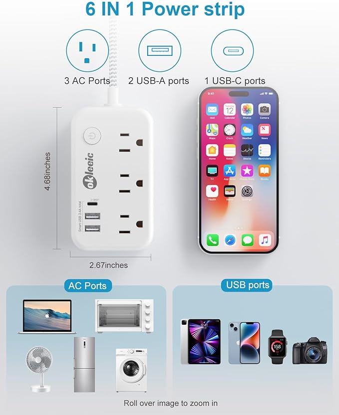 Small Extension Cord 5 ft - Flat Plug Power Strip Surge Protetor with 3 AC Outlets 3 USB (5V/3.4A 17W) Charging Ports, Multi Plug Outlet Splitter for Home Bedroom Hotel Office Desktop Accessories