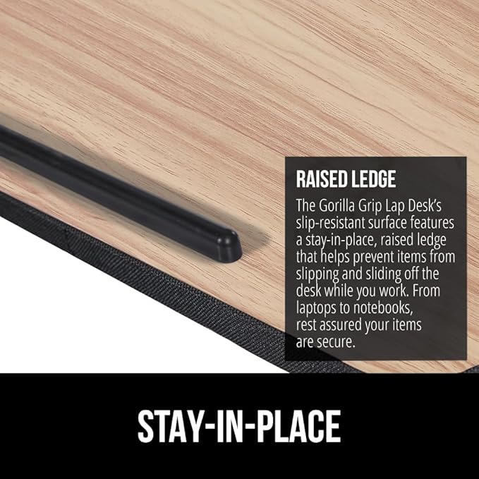 GORILLA GRIP Laptop Lap Desk with Phone Holder, Pillow Cushion Desks Fit Laptops up to 15.6", Tray Ledge Keep Computers in Place, Portable Travel Workstation Essentials for Home, Light Wood Color