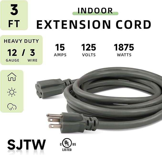 EP 3 Ft Extension Cord, 12/3 SJTW Heavy Duty Extension Cable with 3 Prong Grounded Plug, 15 AMP Power Cord for Lawn, Garden, Appliances, Gray