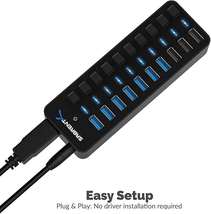 SABRENT 10-Port USB 3.0 Hub, Individual Power Switches and LEDs, 3 Smart Charging Ports, 60W Power Adapter, for PC, Mac, Xbox, PS5, Laptop, Desktop, USB Devices (HB-B7C3)