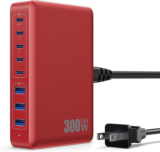 USB C Charger 300W USB C Charger Block, 8-Ports GaN IV Fast Charging Station Hub,PD 100W Laptop Charger Adapter,for MacBook Pro/Air/iPad/iPhone16/15/14/Apple Watch/DELL/Samsung for Home Office