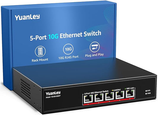 YuanLey 5 Port 10G Ethernet Switch, 5 x 10Gbps RJ45 Ports, Support 10G/5G/2.5G/1G/100Mbps Speed Auto-Negotiation, 100Gbps Switching Capacity, Unmanaged Switch Rackmountable, Plug and Play