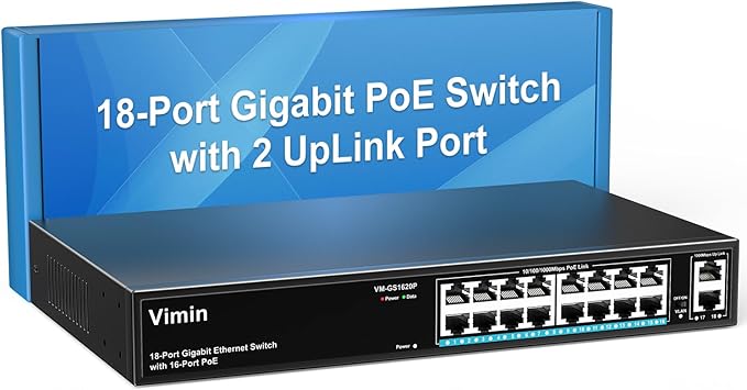 16 Port Gigabit PoE Switch with 2 Uplink Gigabit Ports, VIMIN 18 Port Unmanaged Ethernet PoE Switch with 250W Power, Support IEEE802.3af/at, VLAN, Metal Housing, 19 inch Rack-Mount, Plug & Play