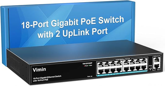 16 Port Gigabit PoE Switch with 2 Uplink Gigabit Ports, VIMIN 18 Port Unmanaged Ethernet PoE Switch with 250W Power, Support IEEE802.3af/at, VLAN, Metal Housing, 19 inch Rack-Mount, Plug & Play
