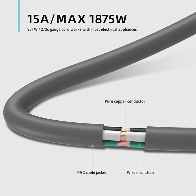 100ft Indoor Outdoor Extension Cord - 12/3 SJTW Heavy Duty Extension Cable with 3 Prong Grounded Plug for Safety -15Amp 1875W Gray Electric Cord Great for Garden, Appliances