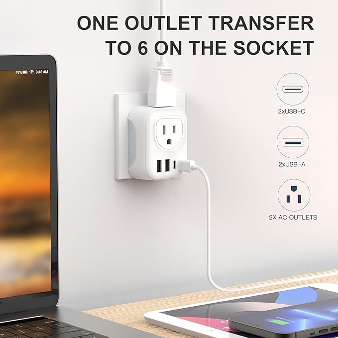 European Travel Plug Adapter, International Plug Adapter with 2 AC Outlets 4 USB Ports(2 USB C), Type C Europe Power Plug Charger for US to Europe EU France Spain Germany Iceland Italy