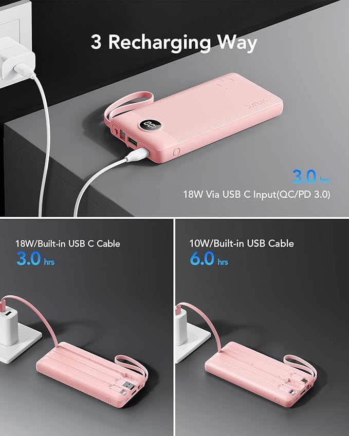 VRURC Portable Charger, 22.5W Power Bank 10000mAh, USB-C Cable in & Out Fast Charging Battery Pack, Compact Travel Essential 4 Outputs 3 Inputs for iPhone 16 15 14 13,Samsung, Android etc-Pink