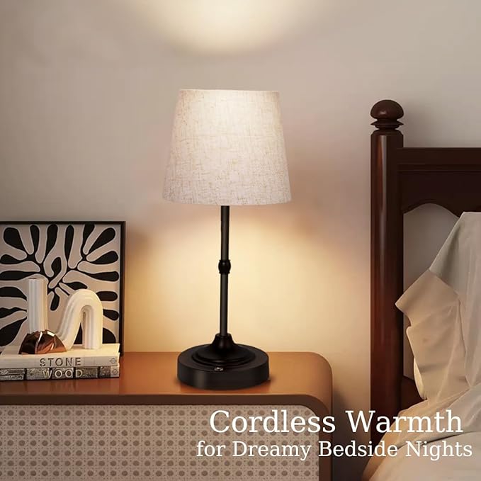 Cordless Lamp, Rechargeable Battery-Operated Lamp with Fabric Lampshades, 2 Pack Dimmable Desk Lamps for Kitchen, Bedroom, Living Room, Nightstand, Balcony, Home Décor (Black)