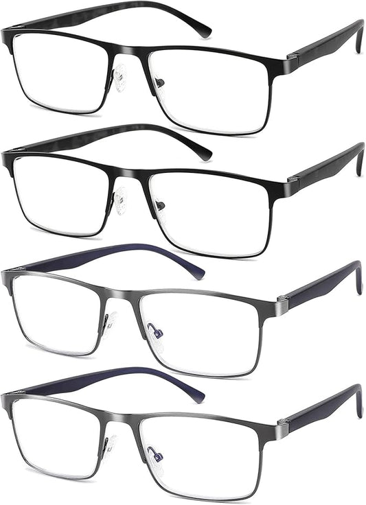 4-Pack Mens Reading Glasses Blue Light Blocking,Spring Hinge Stylish Metal Full Frame Readers for Men Anti Glare Filter Eyeglasses +2.50