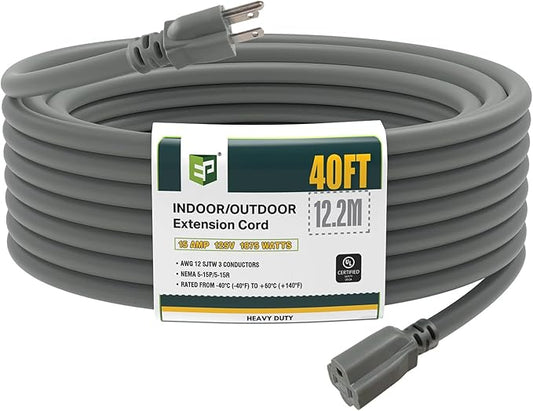 EP 40 Ft Outdoor Extension Cord, 12/3 SJTW Heavy Duty Extension Cable with 3 Prong Grounded Plug, 15 AMP Power Cord for Lawn, Garden, Appliances, Gray