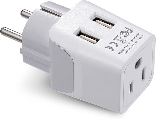 Ceptics Schuko, Germany, France, Spain Travel Adapter Plug with Dual USB - Usa Input Type E/F - Ultra Compact Perfect for Cell Phones, Laptop, Camera Chargers, iWatch, iPad, iPhone and More (CTU-9)