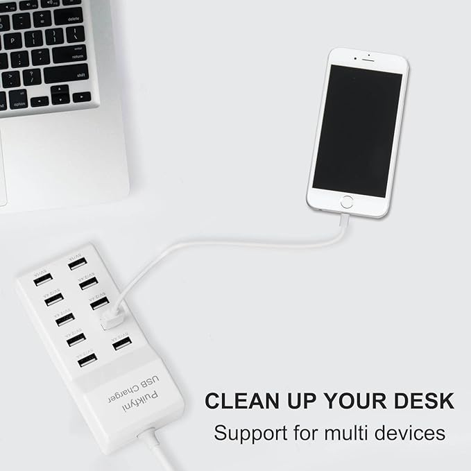 10-Port USB Charger Station, Smart Multiple Charging Block/USB Power Strip for Multiple Devices,Mobile Phones and iPads,Smart Watches Tablets (White)