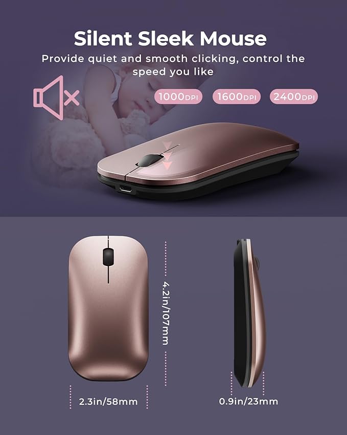 seenda Wireless Bluetooth Keyboard and Mouse Combo (USB + Dual BT), SKM64-3 Multi-Device Rechargeable Slim Keyboard and Mouse, Compatible for Win 7/8/10, MacBook Pro/Air, iPad, Tablet - Rose Gold