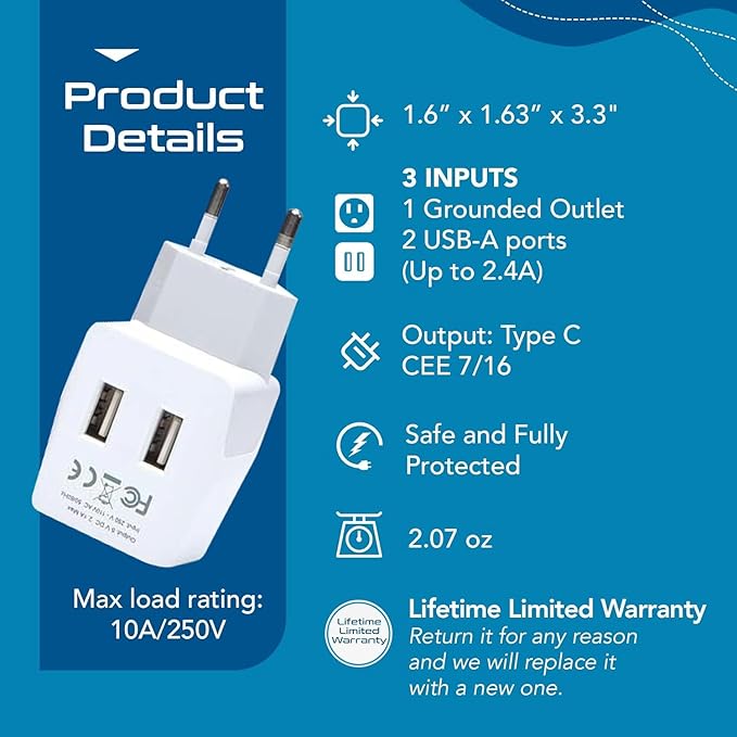 Ceptics European, Egypt Travel Adapter Plug with Dual USB - Type C - Europe - Usa Input - Light Weight - Perfect for Cell Phones, Chargers, Cameras and More - 2 Pack