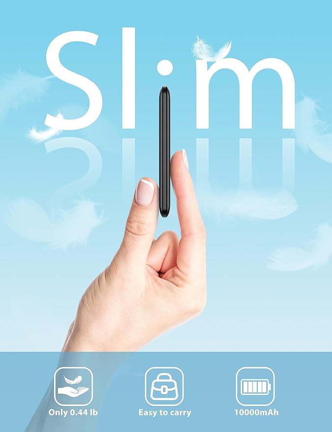 miisso 10000mAh Slim Portable Charger with Built in Cable, Power Bank Travel Charger External Battery Pack for Phone, 3 Output USB Type C Cord Clutch Charger Compatible with iPhone, Black