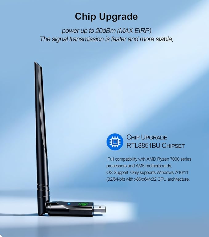 AX900Mbps USB WiFi 6 & Bluetooth Adapter for Desktop PC,5dBi Gain Antenna Wireless Transceiver,BT5.3(EDR+BLE),Dual Band (2.4GHz+5GHz),Plug-and-Play for Desktop/Laptop/Printers (Win 7/10/11)