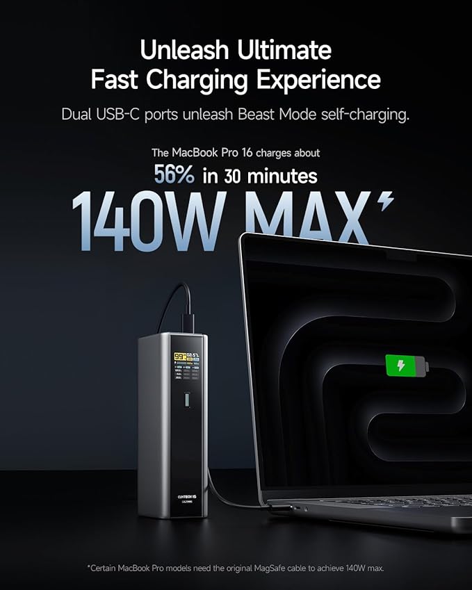 CUKTECH 15 Ultra Power Bank, 20000mAh 140W Laptop Charger, 3-Port USB C Charger, PD3.1 Fast Charging Battery Pack with Smart Display, Compatible with iPhone 16/15/14/13, Samsung, MacBook, Dell, etc