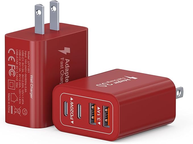 40W USB C Charger Block, 2-Pack 4-Port Type C Fast Charging Brick Dual PD&QC Wall Plug Adapter Power Brick for iPhone 13/14/15/16/17/Pro/Pro Max/Plus/iPad/Airpods/iwatch/Samsung Galaxy (Red)