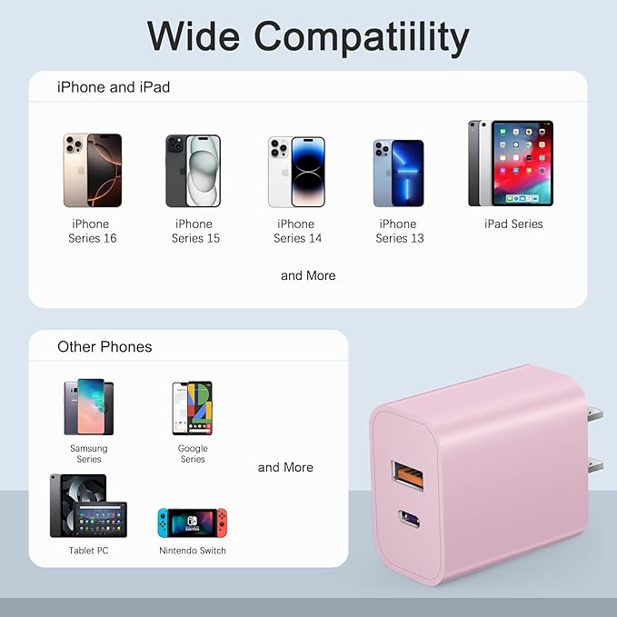USB C Charger Block Charging Block Type C Charge 20W Wall Chargers 4 Pack for iPhone 16/16 Plus/16 Pro/16 Pro Max/iPhone 15/15 Pro/15 Pro Max/14/13/12 Pro/Samsung//Android(Pink)