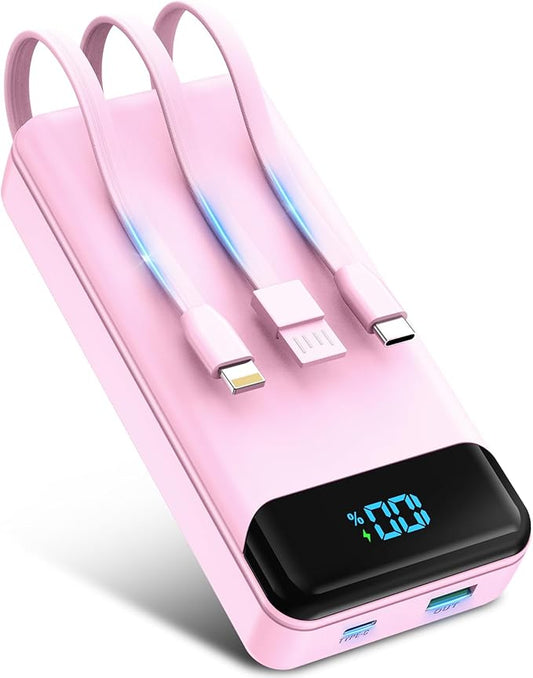 Portable Charger 40000mAh Power Bank Built-in Cable Battery Pack, PD 22.5W Fast Charging Portable Phone Charger 4 Output 3 Input, Compatible with iPhone 16 15 14 13 Samsung Google iPad (Pink)