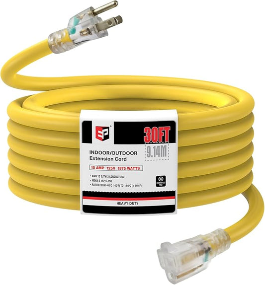 EP 30 Ft Lighted Extension Cord - 12/3 SJTW Heavy Duty Yellow Extension Cable with 3 Prong Grounded Plug - Power Cord for Lawn, Garden, Appliances