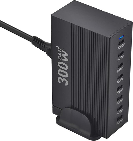 300W 8-Port GaN PD3.1 Desktop Charging Station | Intelligent Power Allocation, Ideal for Office and Home, Safely Charges Laptops, Phones, Tablets, and Watches