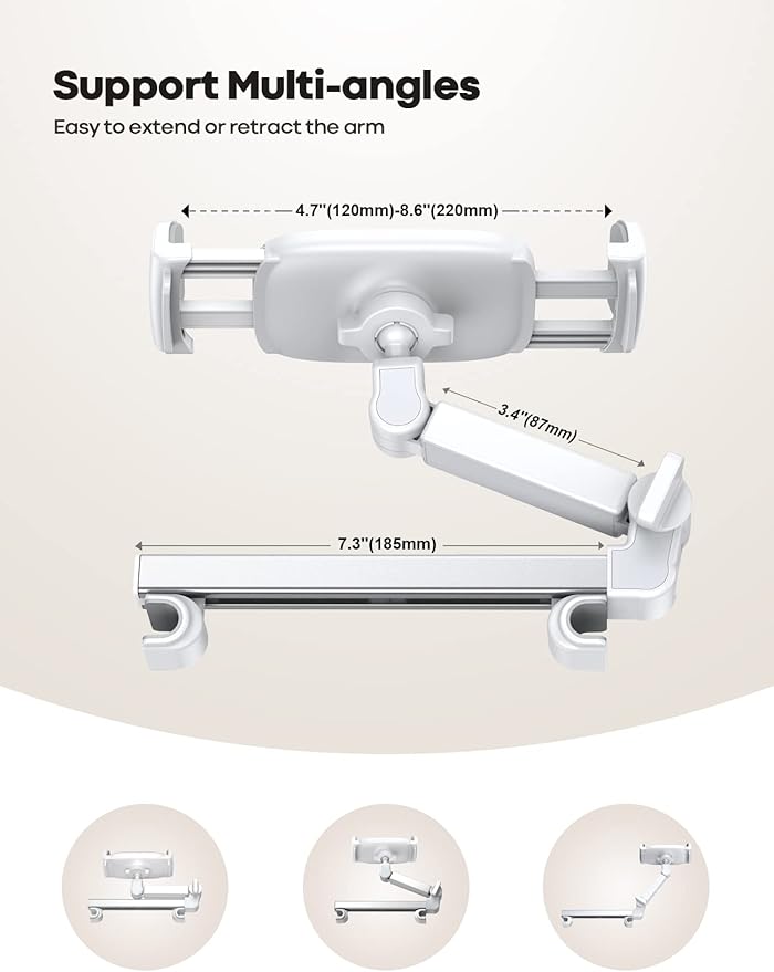 Lamicall Car Headrest Tablet Holder - [Extension Arm] Upgrade Adjustable Tablet Car Mount for Back Seat, Road Trip Essentials for Kids, for 4.7-11" Device like iPad Pro, Air, Mini, Galaxy, Fire, White