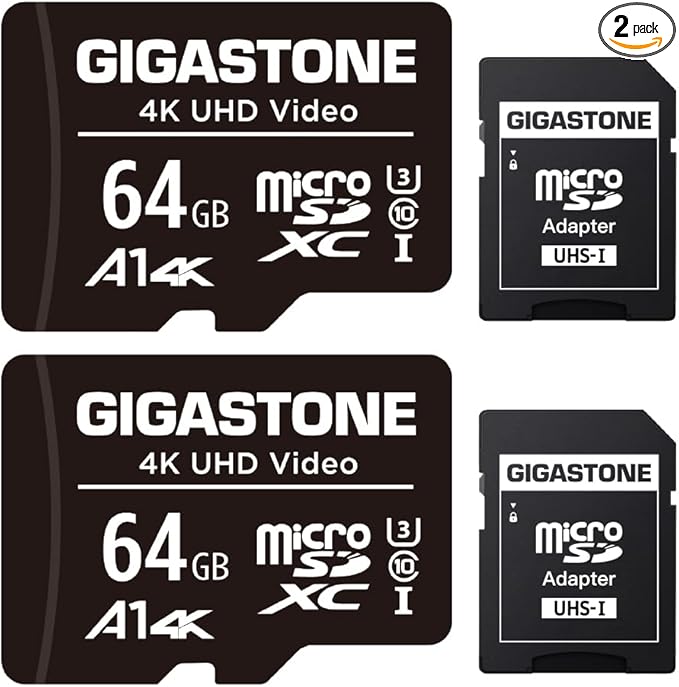 GIGASTONE 64GB Micro SD Card 2-Pack, A1 V30 4K Video Recording, Surveillance Security Cam Action Camera Drone Professional, 90MB/s Micro SDXC UHS-I U3 Class 10
