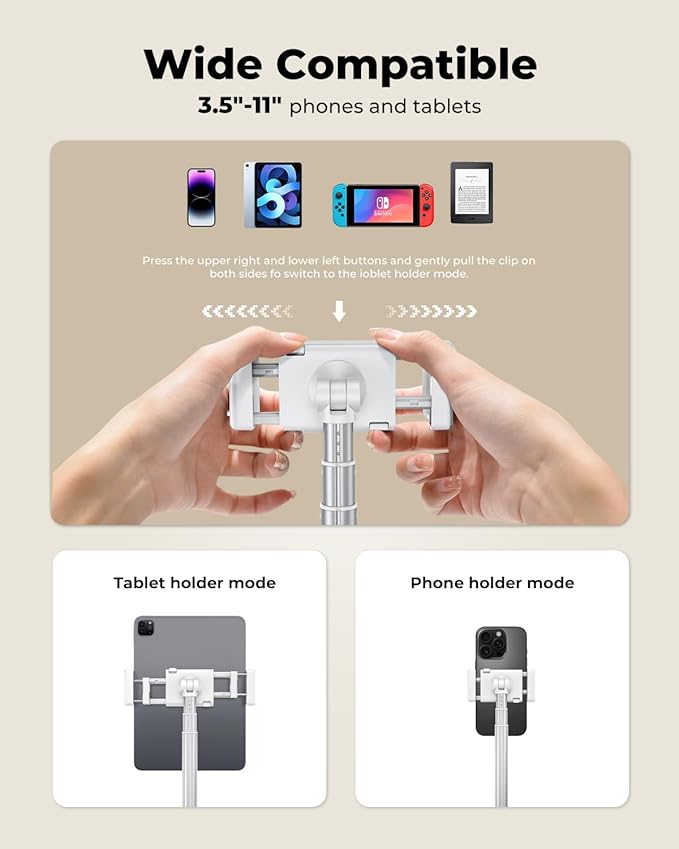 Extended Tablet Floor Stand, 360 Rotating Adjustable iPad Floor Holder with Long Flexible Arm, Compatible with 4-13" Devices, Stand for Bedside, Sofaside, Table, Desk (White)