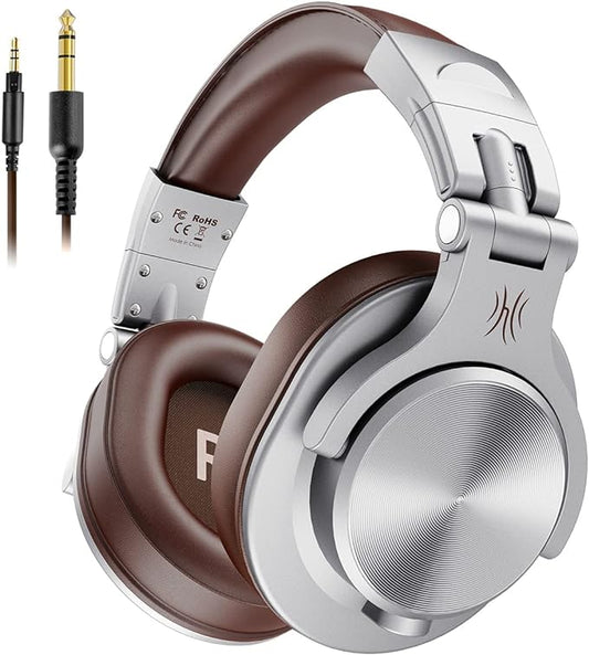 OneOdio A71 Hi-Res Studio Recording Headphones - Wired Over Ear Headphones with SharePort, Monitoring Mixing Foldable Headset with Stereo Sound, 3.5/6.35MM Jack for PC Computer DJ Guitar-Silver