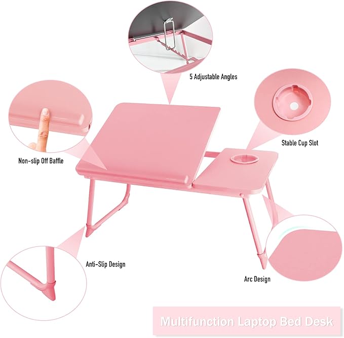 Laptop Desk for Bed Couch, Portable Lap Desk for Laptops, Bed Table for Laptops, Foldable Laptop Stand for Beds, Bed Desk for Writing (Candy Pink)
