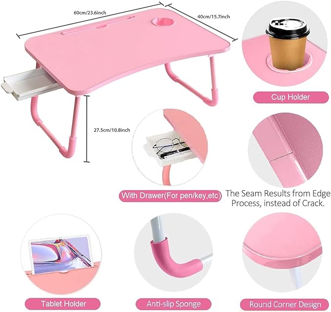 Laptop Desk Foldable Bed Table, Portable Lap Desk Laptop Bed Tray Table with Storage Drawer and Cup Holder, Lap TraysTables Notebook Stand Reading Desks Breakfast Tray for Beds Couch Sofa Floor – Pink
