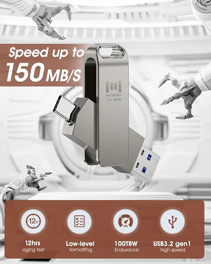 MOSDART 64GB USB3.1 Fast Speed C and A Dual Flash Drive, exFAT Memory Stick with Keychain Loop, for iPhone 15 and 16, Android Phone, iPad, MacBook, Silver