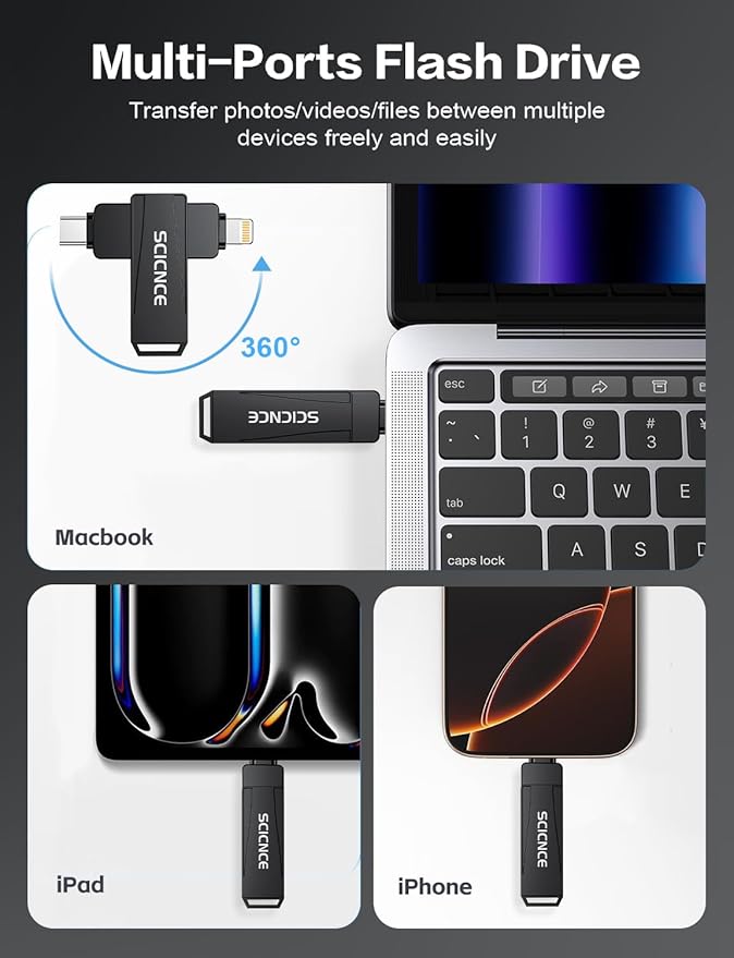 SCICNCE 128GB Flash Drive Intended for iPhone, USB Memory Stick Storage Backup for Photos Videos, Plug and Play No APP Required, Compatible with iPhone iPad Android and Computers (Metal Gray)