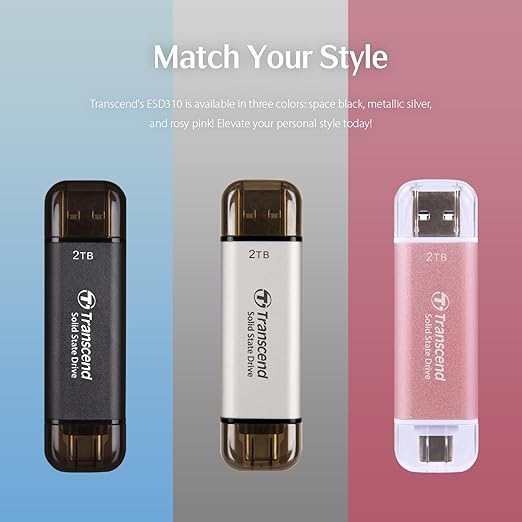 Transcend 2TB External SSD, Up to 1,050MB/s, Dual USB Flash Drive for iPhone17,16,15/ Pixel/Android Phones/Tesla/iPad/Mac/Steam Deck/ROG Ally/MSI Claw/PS5, 2-in-1 Type C&A, USB 3.2 Gen2 Portable SSD