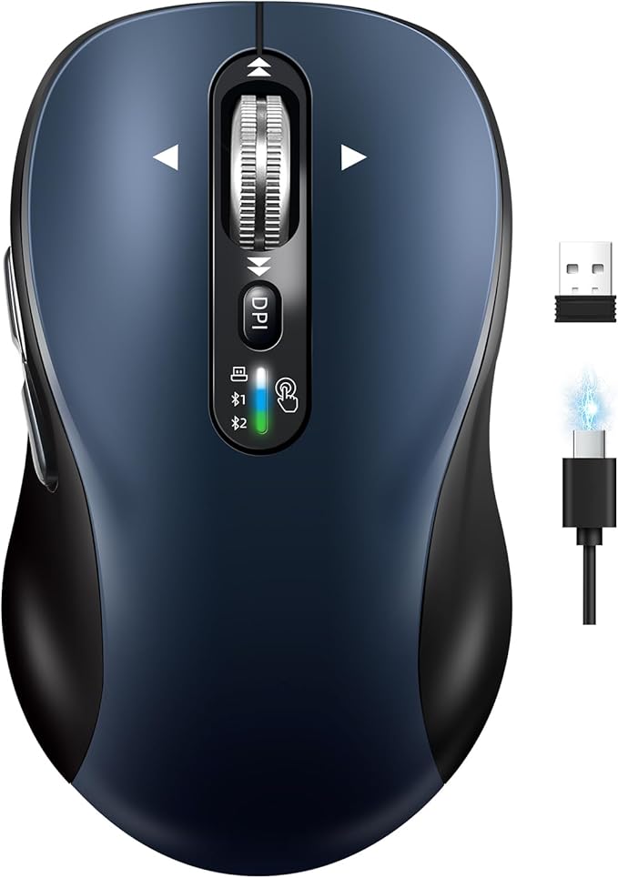 Wireless Bluetooth Mouse for Laptop,USB+BT×2,Quiet Ergo Computer Mouses,Metal 4-Way Super Scrolling,± 3200 DPI,Rechargeable,10 Buttons,Plug&Play,Multi Device Cordless Mice for iPad,Tablet,Mac,PC,Phone